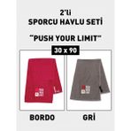Denizli Cotton 2'li Nakışlı Sporcu Havlusu Pamuklu, Ter Emici Fitness Plates Boks Tenis Spor Havlusu - Bordo - Gri - Renk