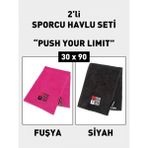 Denizli Cotton 2'li Nakışlı Sporcu Havlusu Pamuklu, Ter Emici Fitness Plates Boks Tenis Spor Havlusu - Fuşya - Siyah - Renk