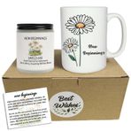 DENNSHH Kadınlar için Yeni Başlangıçlar Hediyeleri, 15 oz Papatya Kupası + 7 oz Lavanta Kokulu Mum Hediye Seti İş Arkadaşı Ayrılma, Mezuniyet, Veda, Hoşçakal, İyi Şanslar, Yeni İş, Ayrılma, Boşanma