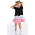 Denokids Beyaz Kedi Fırfırlı Kız Çocuk Elbise - 8 Yaş - Siyah - Pembe