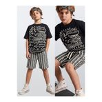 Denokids Erkek Çocuk Takım Croco Siyah T-Shirt Ve Çizgili Keten Görünümlü Yazlık Şort