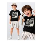 Denokids Erkek Çocuk Takım Dino Pamuk T-Shirt Ve Çizgili Keten Görünümlü Yazlık Şort
