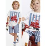 Denokids Erkek Çocuk Takım Motosiklet Baskılı %100 Pamuk T-Shirt Çizgili Dokuma Şort Yazlık Takım - Lacivert - 10 Yaş