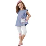 Denokids Fırfırlı Kedili Kız Çocuk Mavi Beyaz Yazlık T-shirt Tunik Tayt Takım