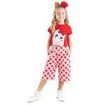Denokids Kırmızı Pembe Ponçik Kedi Kız Çocuk Kapri Şortlu Takım
