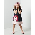 Denokids Kız Çocuk Unicorn Desenli Günlük Elbise Lacivert 7 Yaş Fırfırlı Kol Stili