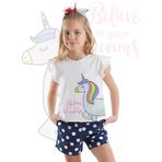 Denokids Sim Unicorn Kız Çocuk T-Shirt Poplin Şort Takım Beyaz, Lacivert 4 Y