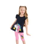 Denokids Unicorn Gücü Kız T-shirt Tayt Takım Pembe, Koyu Lacivert 7Y
