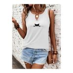 Deocept Kadın Kedi Baskılı Yarım V-Yaka Kolsuz Regular Kalıp Rahat T-shirt