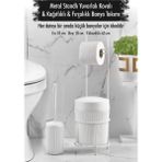 Depa Metal Standlı Yuvarlak Kovalı Kağıtlıklı Fırçalıklı Beyaz Banyo Takımı
