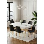 Deren Home Ada Gold Serisi 80X132 Açılabilir Masa +6 Adet Silinebilir Sandalye Metal Ayaklı Masa Takımı - Siyah