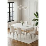 DEREN HOME Ada Gümüs Serisi 80x132 Açılabilir Masa +6 Adet Silinebilir Sandalye Metal Ayaklı Masa Takımı Krem