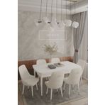 DEREN HOME Silver Serisi Baby face kumaş 80x132 açılabilir MDF masa mutfak salon takımı 6 sandalye krem