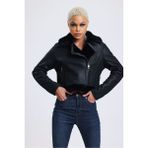 Deri Crop Ceket, 54 Cm, Sportif & Outdoor Görünüm, Kürklü - 112422 - XL - Siyah