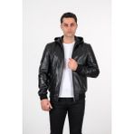 Deri Effect Erkek Siyah Kapüşonlu Hakiki Deri Ceket - 4XL