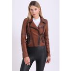Deri Effect Kadın Kahverengi Hakiki Deri Biker Vintage Mont