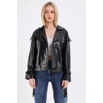 Deri Effect Oversize Biker Kadın Deri Mont - Mavi - 4XL
