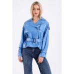 Deri Effect Oversize Biker Kadın Deri Mont - Mavi - XL