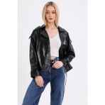 Deri Effect Oversize Biker Kadın Deri Mont - Siyah - 4XL
