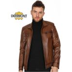 Deri Work Hakiki Deri Kahverengi Casual Omuz Işlemeli Erkek Deri Ceket - 3XL