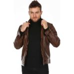 Deri Work Hakiki Deri Kahverengi Spor Dik Yaka Erkek Deri Ceket - M
