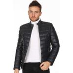 Deri Work Hakiki Deri Lacivert Erkek Deri Mont Şişme Desen Fermuarlı Deri Ceket - 3XL