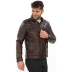 Deriburada Erkek Cep Detaylı Dik Yaka Hakiki Deri Mont - 1229 - Kahverengi - 3XL