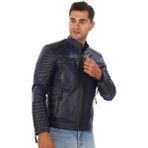 Deriburada Erkek Yeni Motorcu Modeli Hakiki Deri Mont - Lacivert - 2XL