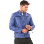 Deriburada Erkek Yeni Motorcu Modeli Hakiki Deri Mont - Mavi - 3XL