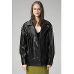 Dericlub WM019 Oversize Biker Hakiki Deri Kadın Mont - Siyah - 2XL
