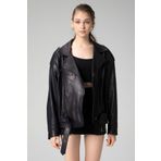 Dericlub WM031 Lacivert Jumbo Oversize Biker Deri Kadın Mont