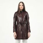 Dericlub YB-2334 Bordo Düğmeli Gerçek Deri Kadın Trençkot