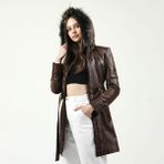 Dericlub YB-2334 Kapşonlu Gerçek Deri Kadın Trençkot - 2XL - Camel Antik
