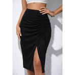 Deridün Yıldız Shoes Kadın Beli Lastikli Yandan Büzgülü Bağcık Detaylı Midi Kaşkorse Etek - Siyah - 2XL - 3XL