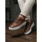 Derify Hakiki Deri Beyaz Erkek Casual Ayakkabı – Ortopedik, Ultra Rahat, Akıllı Bağcık, Günlük Sneaker - Taba