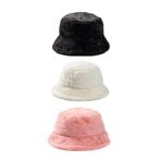 Derikem 3 Adet Şık Kadın Peluş Kova Balıkçı Bucket Kışlık Şapka 3'lü TOZ PEMBE-BEYAZ-SİYAH Standart