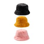 Derikem 3 Adet Şık Kadın Peluş Kova Balıkçı Bucket Kışlık Şapka 3'lü TOZ PEMBE-SİYAH-HARDAL Standart