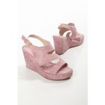 derim shoes Kadın Pudra Kumaş Dolgu Topuk Sandalet Ayarlanabilir Tokalı Rahat Yazlık Ayakkabı