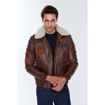 Derimod 22WGD6456L7 Maverick Erkek Kahverengi Armalı Yaka Kürklü Deri Pilot Mont