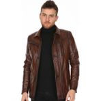 Derimont Deri Erkek Gömlek Yaka Kahve Deri Mont - 2XL - Kahverengi