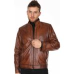 Derimont Deri Erkek Taba Düz Spor Deri Mont - 2XL