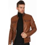 Derimont Deri Erkek Taba Düz Spor Deri Mont - XL