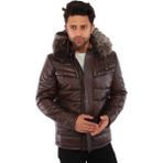 Derimont Deri Kahverengi Kapşon Kürklü Erkek Deri Ceket - 2XL