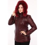 Derimont Deri Olivia Bordo Kapşon Kürklü Kadın Deri Ceket - 2XL - Kırmızı