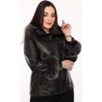 Derimont Deri Roxana Siyah Kapşon Kürklü Kadın Deri Ceket - XL