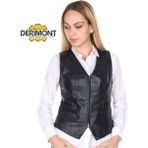 Derimont Deri Siyah Casual Fermuarlı Kadın Deri Yelek - XL