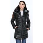 Derimont Deri Siyah Yaka Kürklü Uzun Kadın Deri Mont - 2XL