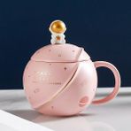 Derin Düşler Astronot Temalı Kapaklı Kaşıklı Kupa Bardak - 1 Adet - Açık Pembe - 300 ml