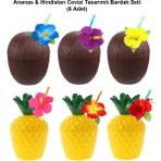 Derin Stok Ananas &amp; Hindistan Cevizi Tasarımlı Pipetli Bardak Seti (6 Adet) - 00