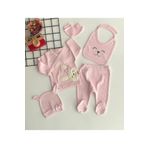 DERİNBEBE Neşeli Bebekler Organik Kumaş Ayıcık Nakışlı Desen 5 Parça Hastane Çıkışı Seti Pembe